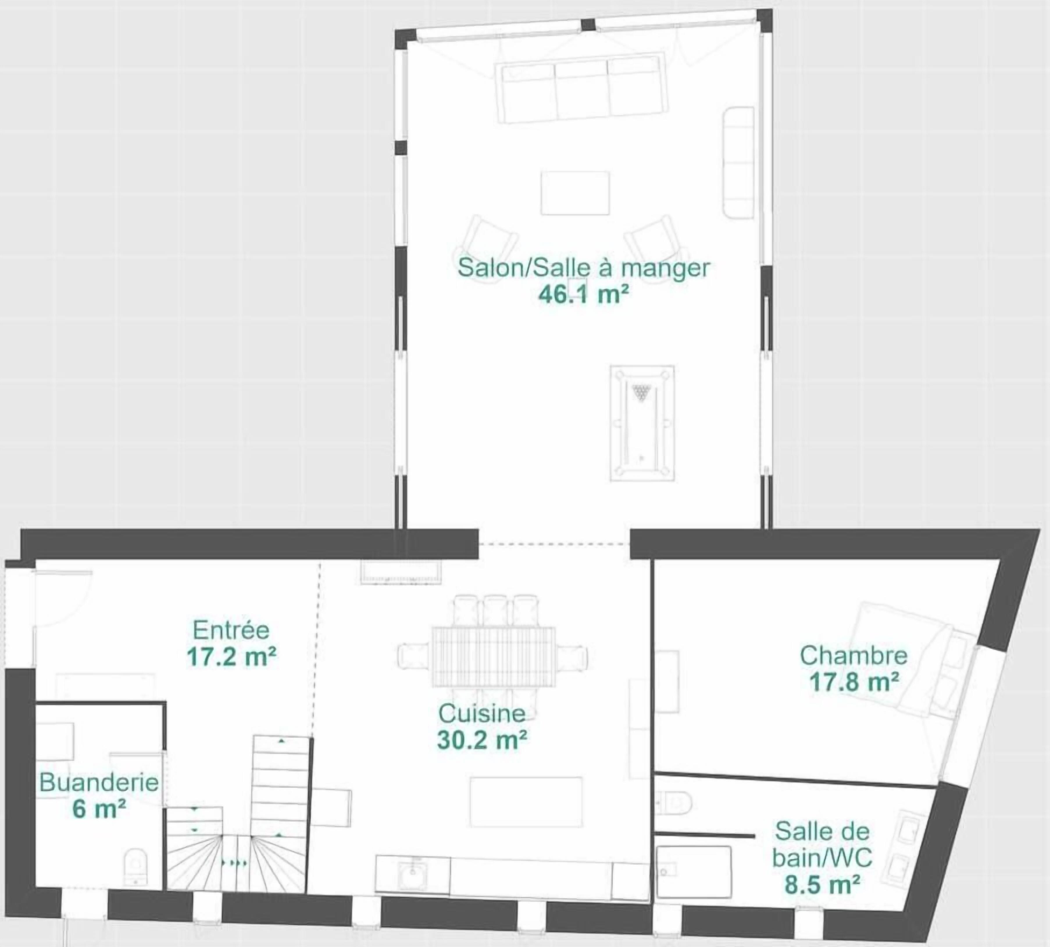 En planritning över ett hotellrum med matplats (46,1 m²), kök (30,2 m²), sovrum (17,8 m²), badrum (6 m²), entré (17,2 m²) och toalett (8,5 m²).