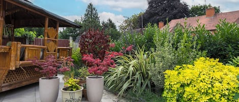 A wooden structure with a covered porch, surrounded by various potted plants and shrubs.