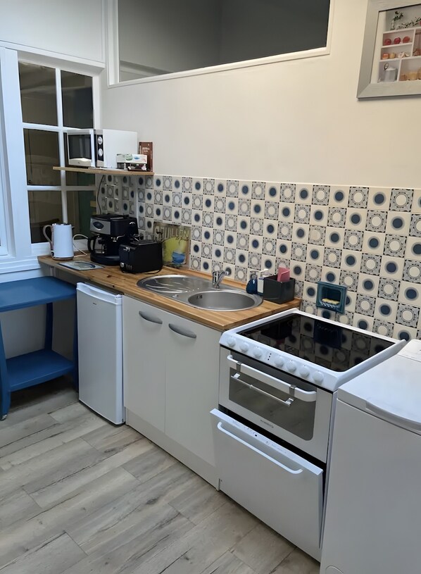 Frigorífico, microondas, horno y placa de cocina