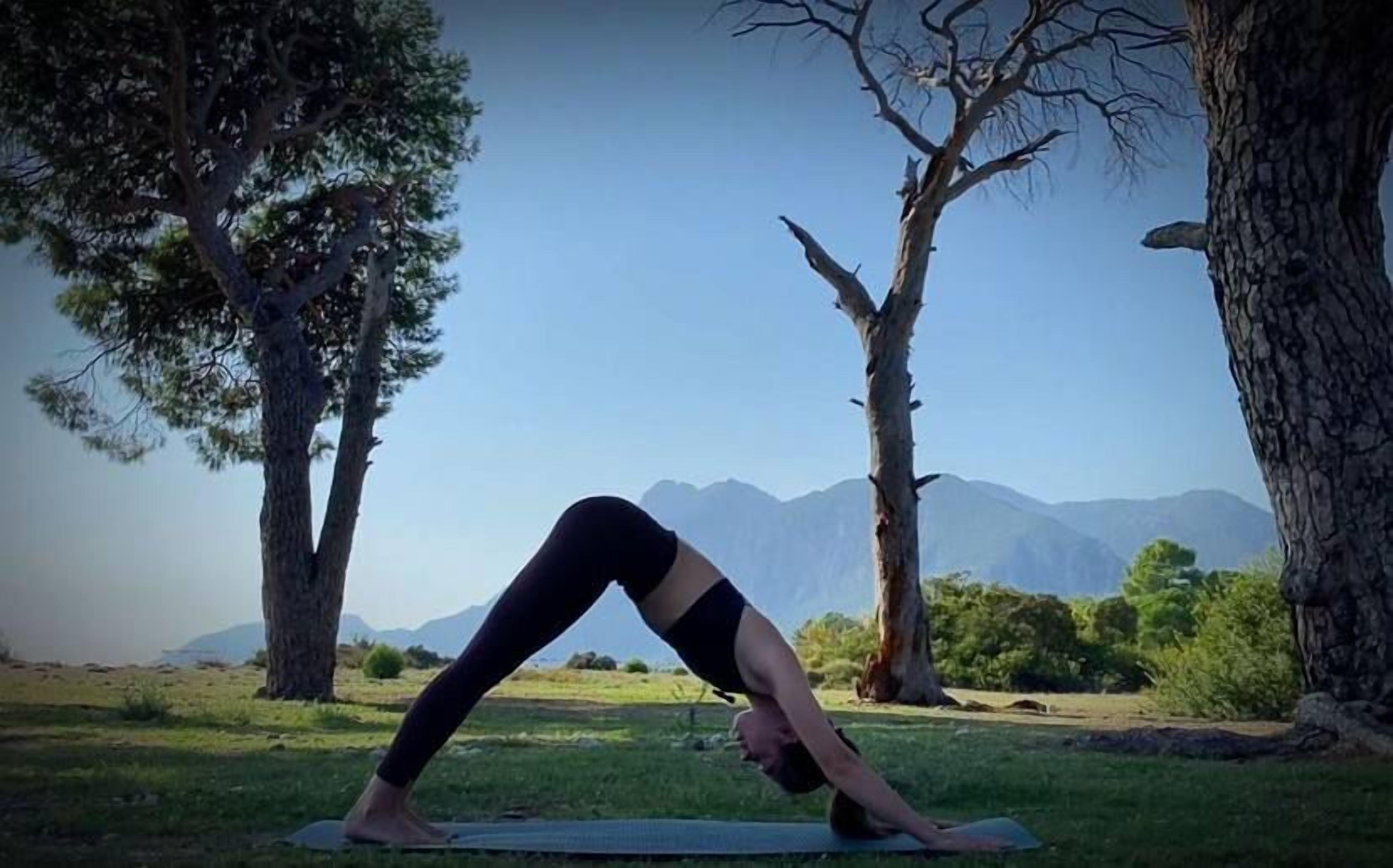 A person performing a yoga pose on a mat in a natural setting with trees and mountains in the background.