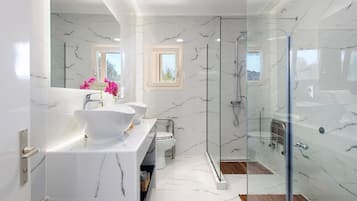 Douche, articles de toilette gratuits, sèche-cheveux, peignoirs