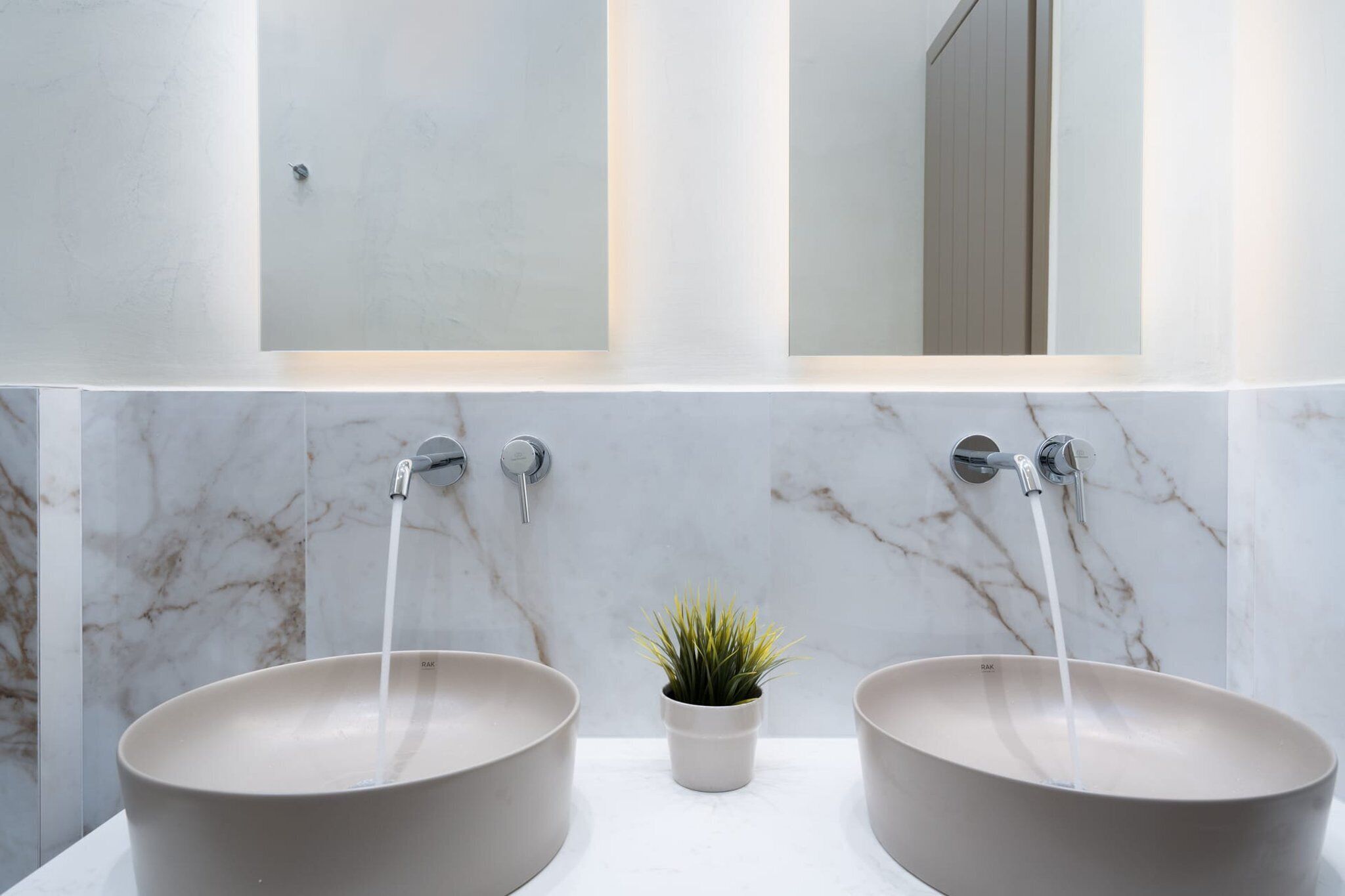 Un baño con dos lavamanos, una pequeña planta en maceta y un espejo sobre los lavamanos.
