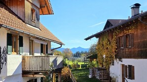 Een traditionele Europese binnenplaats met houten gebouwen, een stenen pad en een bergzicht op de achtergrond.