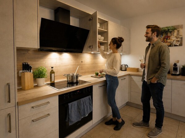 Fridge, oven, stovetop, dishwasher - Rost Apartments - Chalet apartment for up to 8 people near Staffelsee (Uffing am Staffelsee)