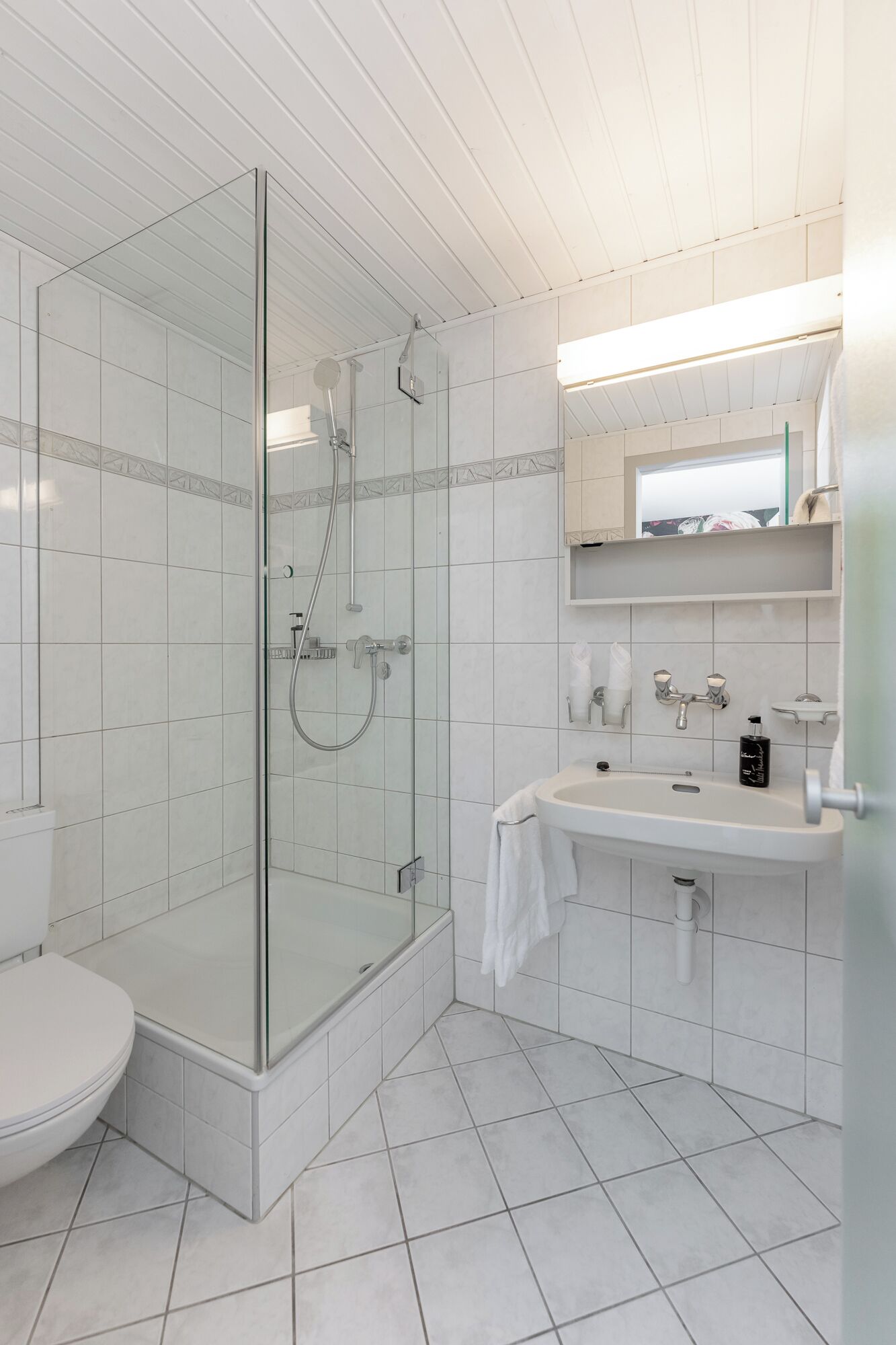 Een moderne badkamer met een douchecabine van glas, een wit wastafelmeubel en een toilet.