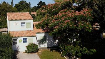 A two-story building with a tiled roof, a small garden, and a tree with pink flowers.