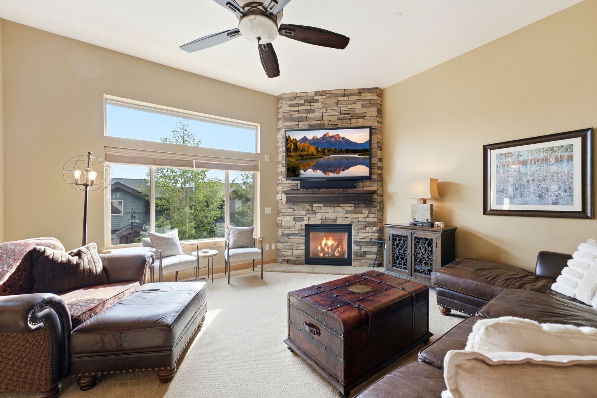 Una Smart TV, una chimenea, un reproductor de DVD