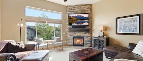 Smart TV, fireplace, DVD player, stereo