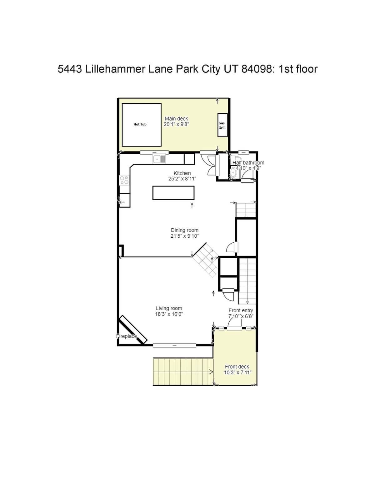 A 1st floor layout of 5443 Lillehammer Lane Park City UT 84098, including a dining room, kitchen, living room, and a front deck.