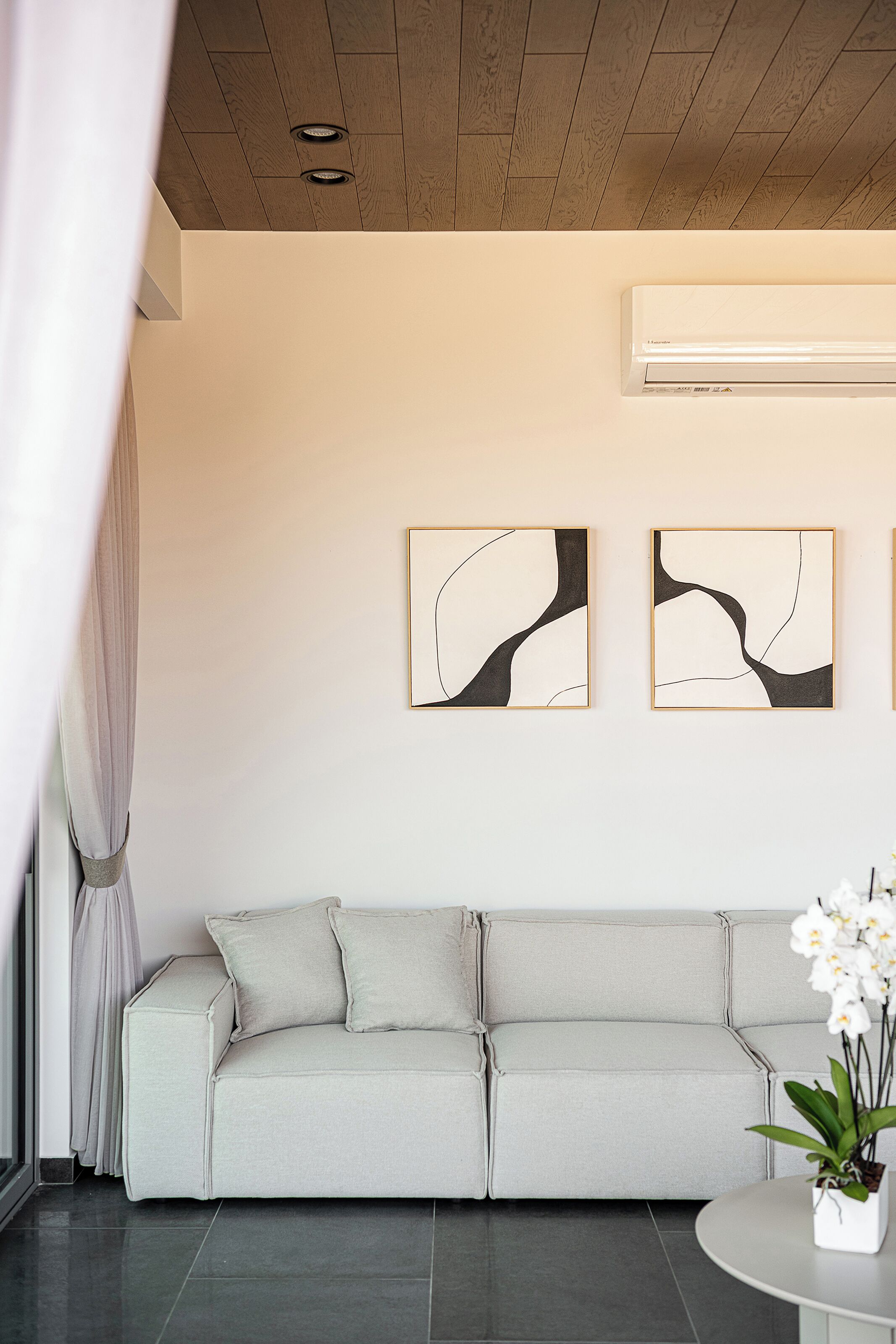 A modern living room with a grey sofa, two abstract art pieces on the wall, and a potted orchid on a side table.