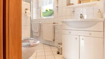 Shower, hair dryer, towels