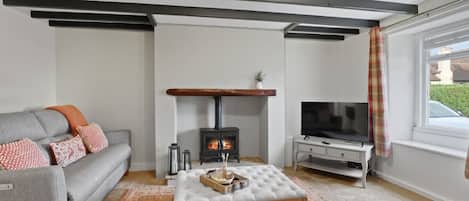 Fernseher, Kamin, Bücher