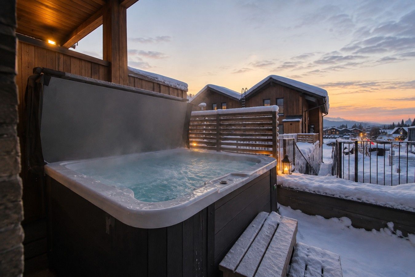 Un jacuzzi con cubierta de madera y vista a casas nevadas al atardecer.