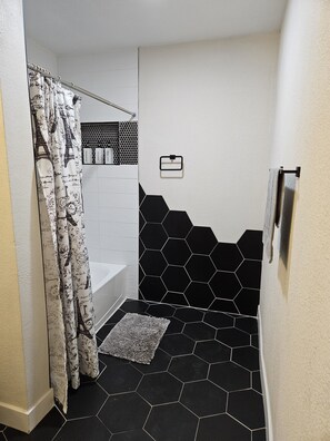 Hair dryer, towels, soap, shampoo