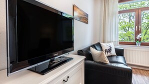 Una sala moderna con televisor de pantalla plana sobre un mueble bajo, un sofá de cuero negro con cojines decorativos, y una ventana con vista a follaje.