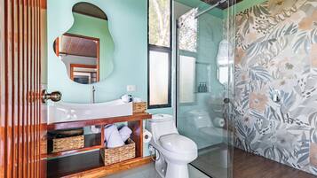 Hair dryer, towels, soap, toilet paper