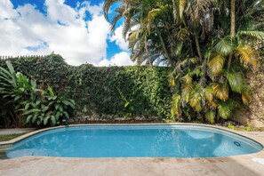Ein Swimmingpool, umgeben von üppiger Vegetation und blauem Himmel.