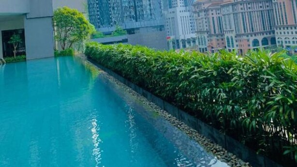 Un bâtiment moderne doté d’une piscine et d’une végétation luxuriante.