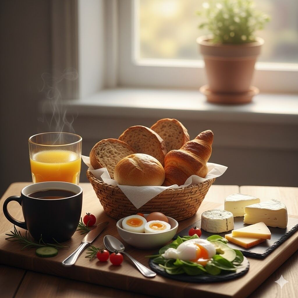 Uma mesa de café da manhã com pão, ovos, queijo e uma xícara de café.