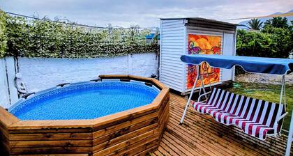 Oasis with swimming pool and spectacular view of the Andes Mountains.