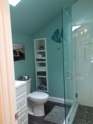 Hair dryer, towels, soap, shampoo