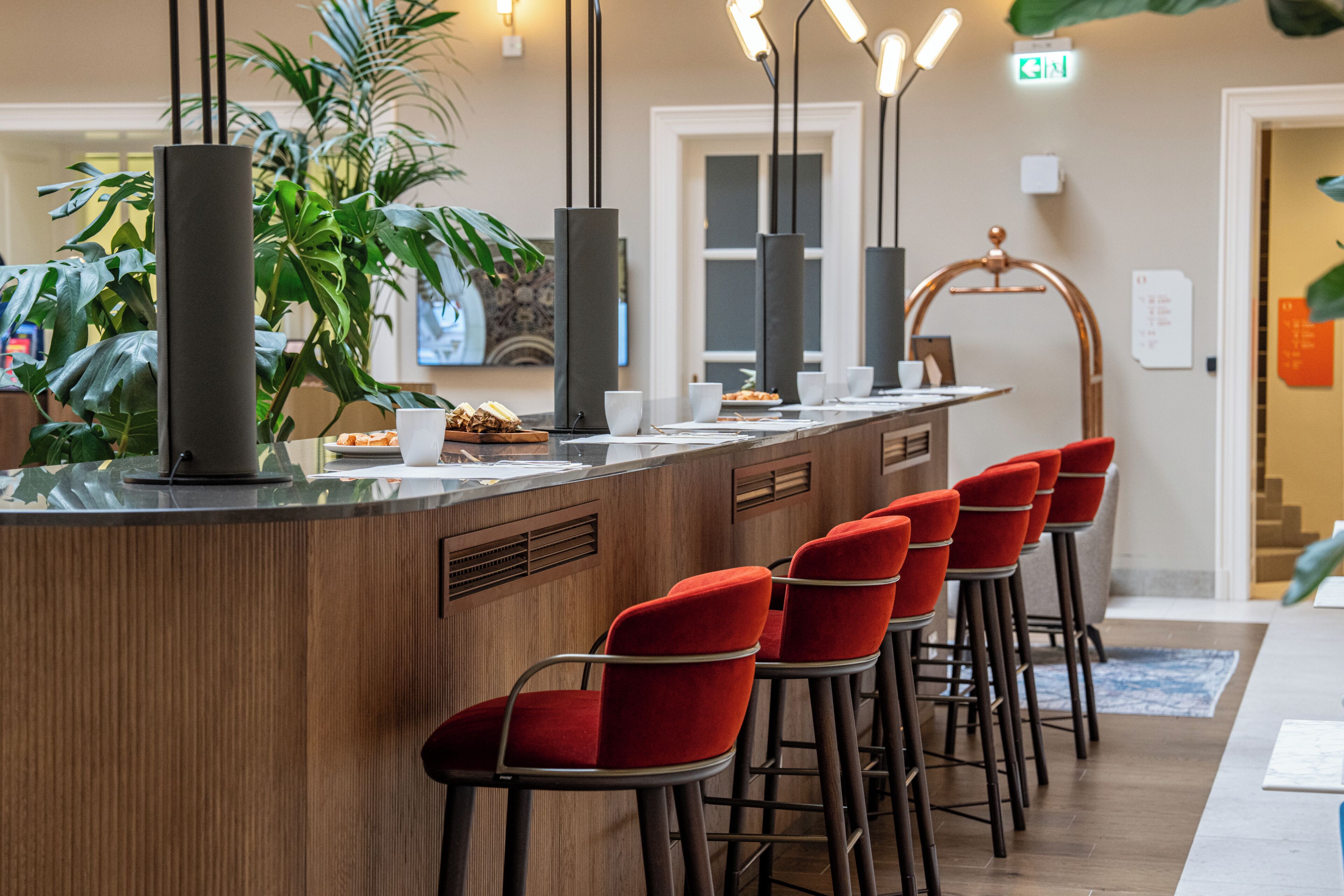Una zona de bar con mostrador de madera, taburetes rojos y una planta en maceta.