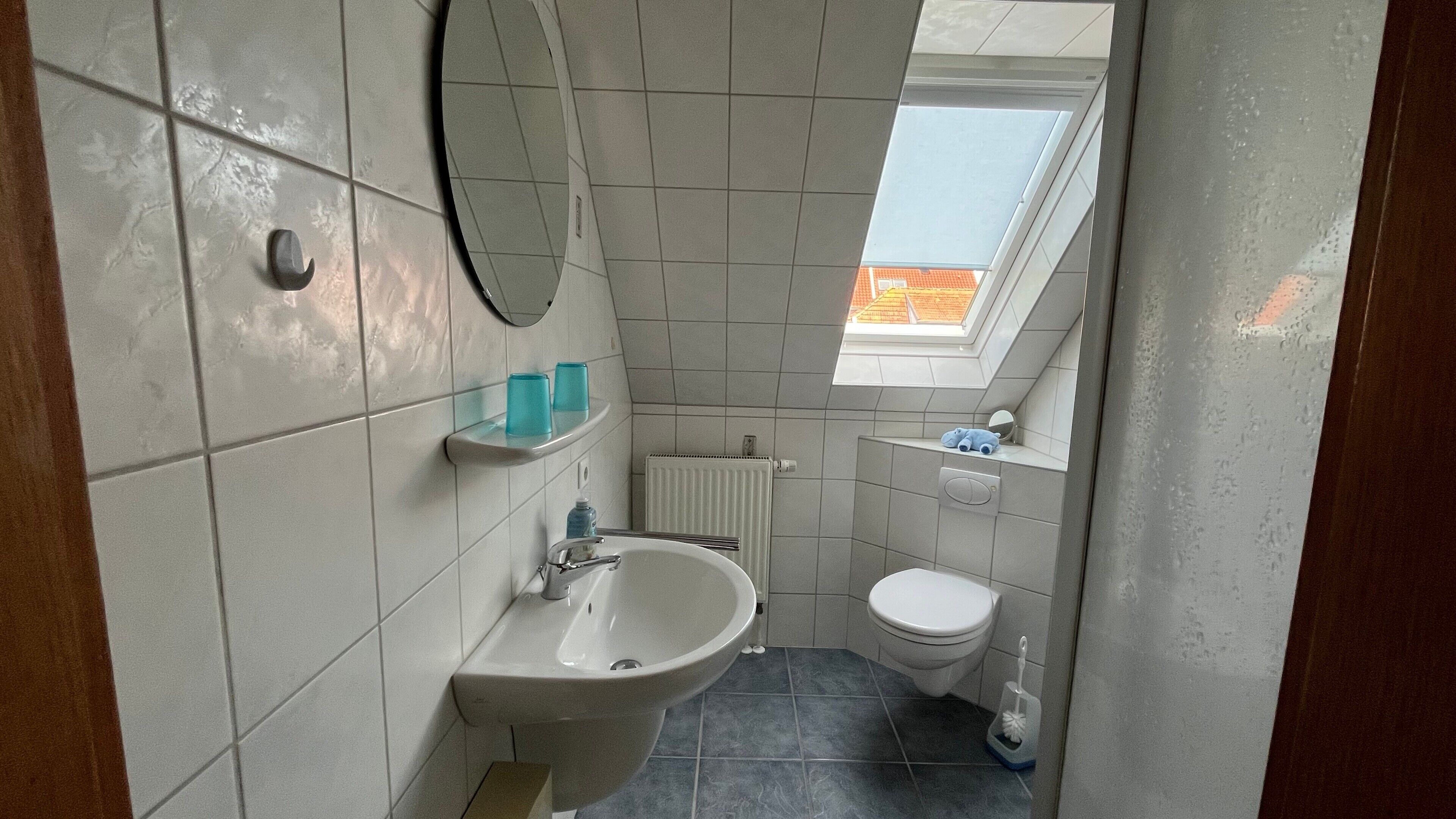 Shower, free toiletries, hair dryer