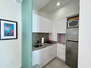 Fridge, stovetop, cookware/dishes/utensils