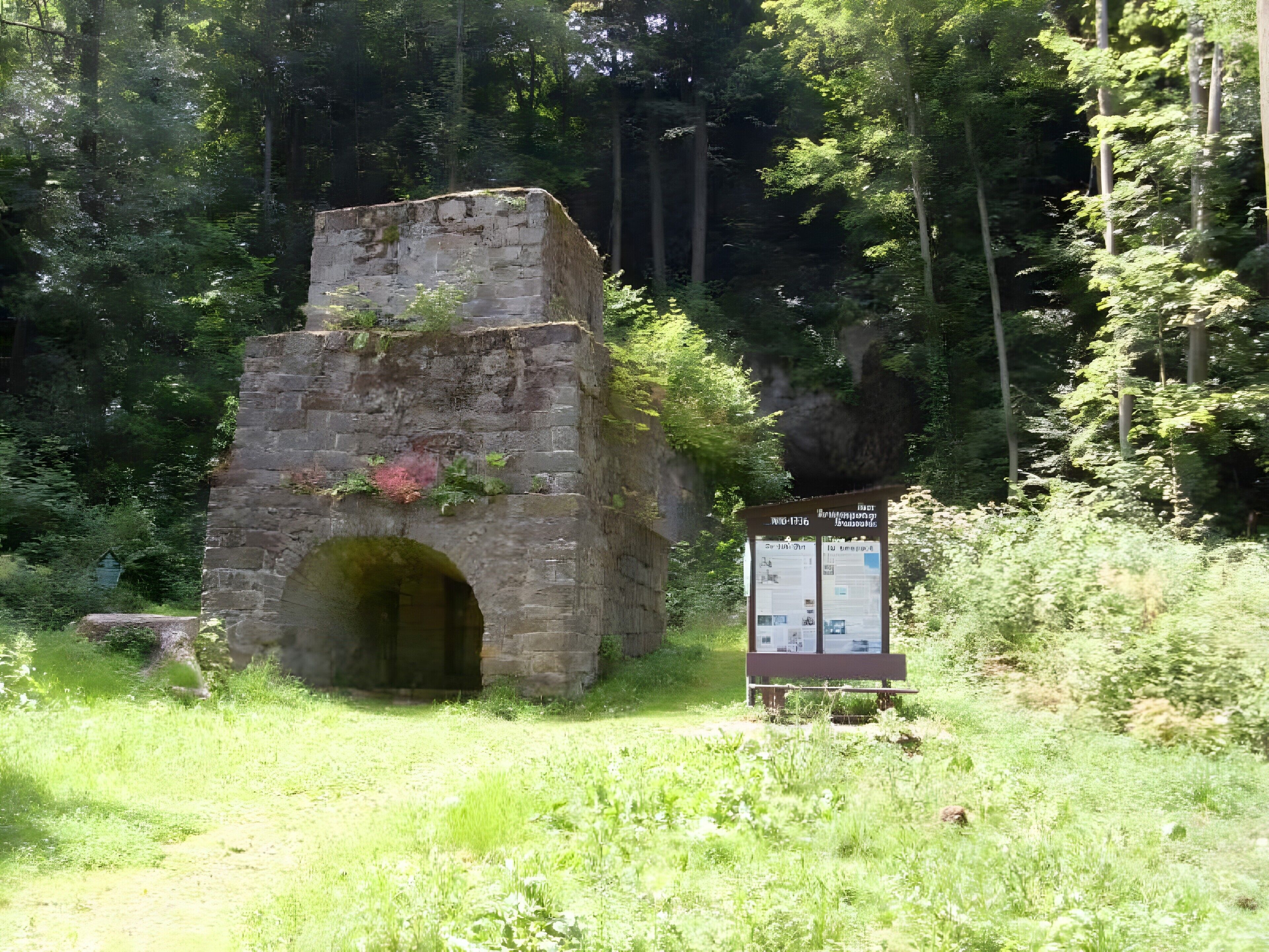 Una estructura de piedra con una entrada arqueada, rodeada de exuberante follaje y árboles.