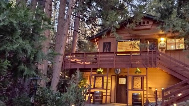 A wooden cabin with a balcony, surrounded by trees. - Cozy modern rustic 1-bedroom studio in Idyllwild.  Perfect hideout close to town (Idyllwild-Pine Cove)