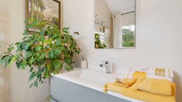 Une salle de bain avec un lavabo blanc, un miroir, une plante suspendue et des serviettes.