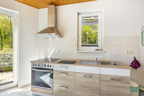 Eine moderne Küche mit Backofen, einem Fenster mit Blick auf Grünflächen und einer Spüle aus Edelstahl.