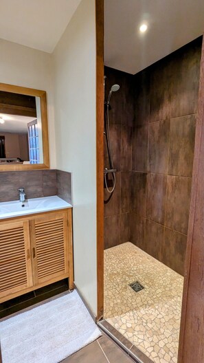 Chuveiro, secador de cabelo, toalhas de banho, papel higiênico