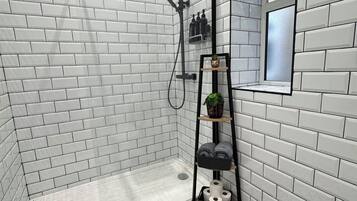 Shower, towels, soap, toilet paper