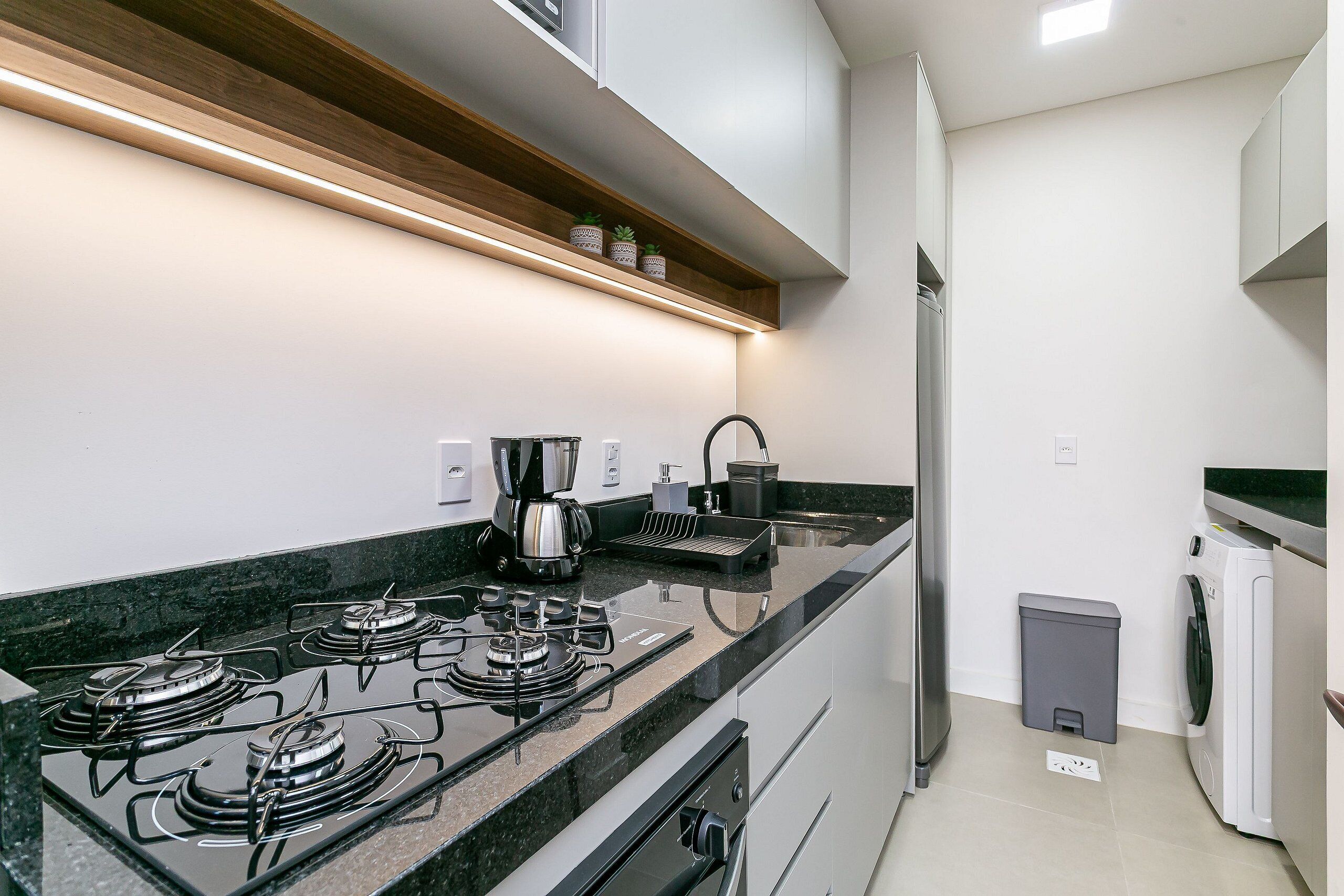 Fridge, oven, coffee/tea maker, cookware/dishes/utensils