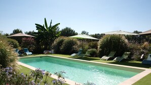 Una piscina rettangolare con una zona erbosa circostante, diversi lettini e ombrelloni.