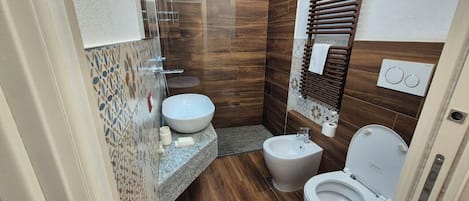 Regadera, secadora de cabello, bidet, toallas