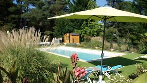 Ein Swimmingpool mit Liegestühlen und Sonnenschirm, umgeben von üppiger Bepflanzung und einem Holzgebäude.