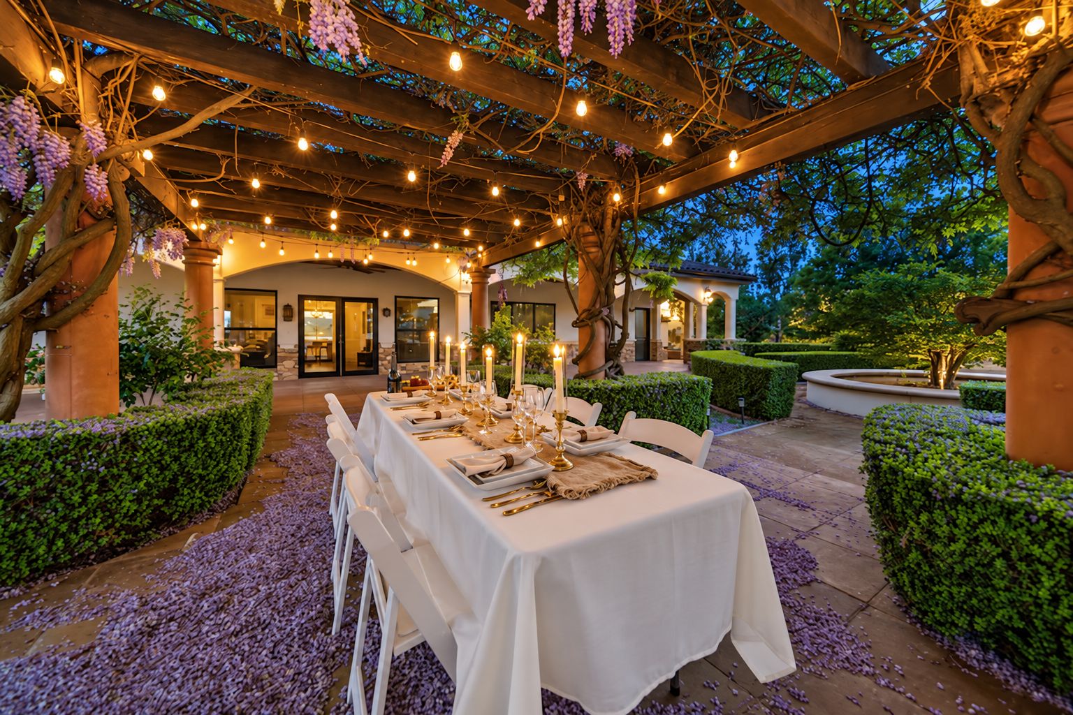 An outdoor dining area with a pergola, string lights, and a table set for a meal.