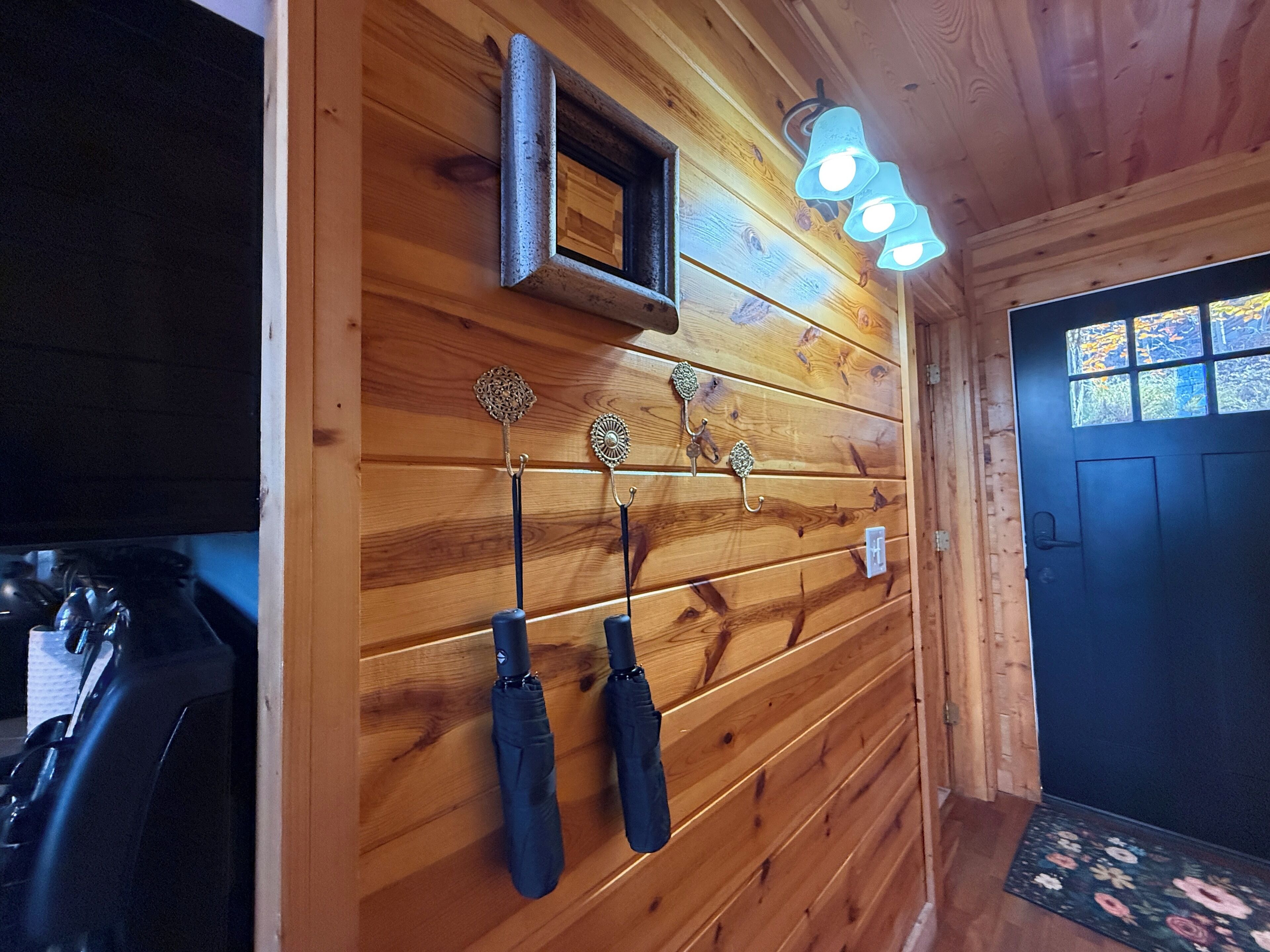A wooden interior with a black door, a small window, and wall-mounted hooks with bags.