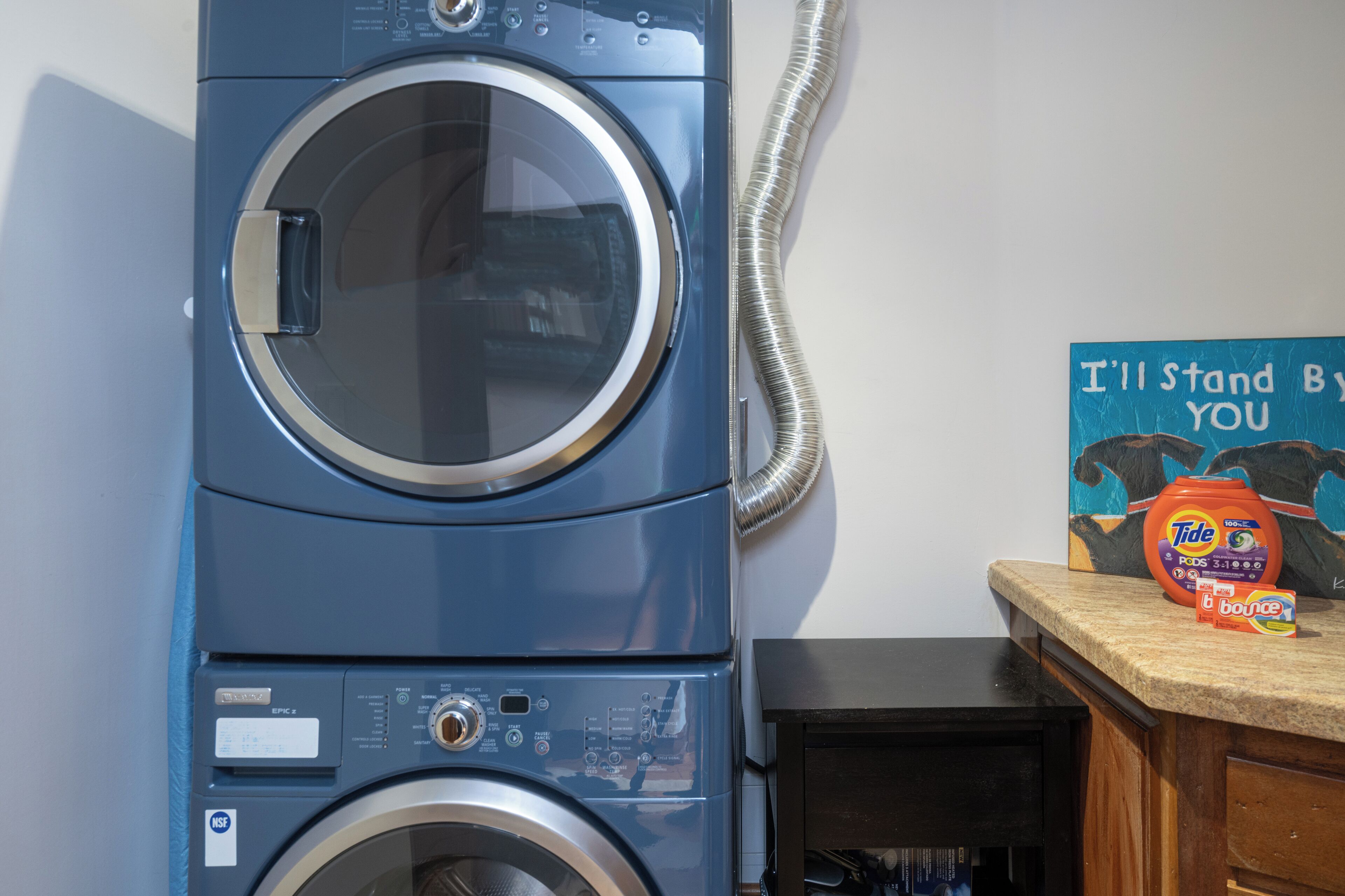 A front-loading washing machine with a control panel, a hose, and a Tide detergent bottle on a countertop.