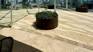 Terraço no telhado com guarda-corpo de vidro, plantas em vasos e vista ampla da linha do horizonte da cidade.
