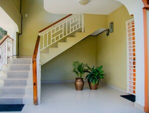 Un escalier avec une rampe en bois et des murs de couleur beige. On peut voir deux plantes en pot sur le sol.