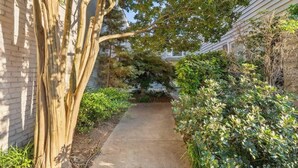 A narrow concrete pathway flanked by dense greenery and a large tree trunk. - Walkable Downtown Stay | Pet-Friendly & Spacious (Raleigh)