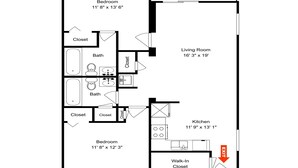 Een plattegrond met een slaapkamer, woonkamer, keuken, inloopkast en badkamer.