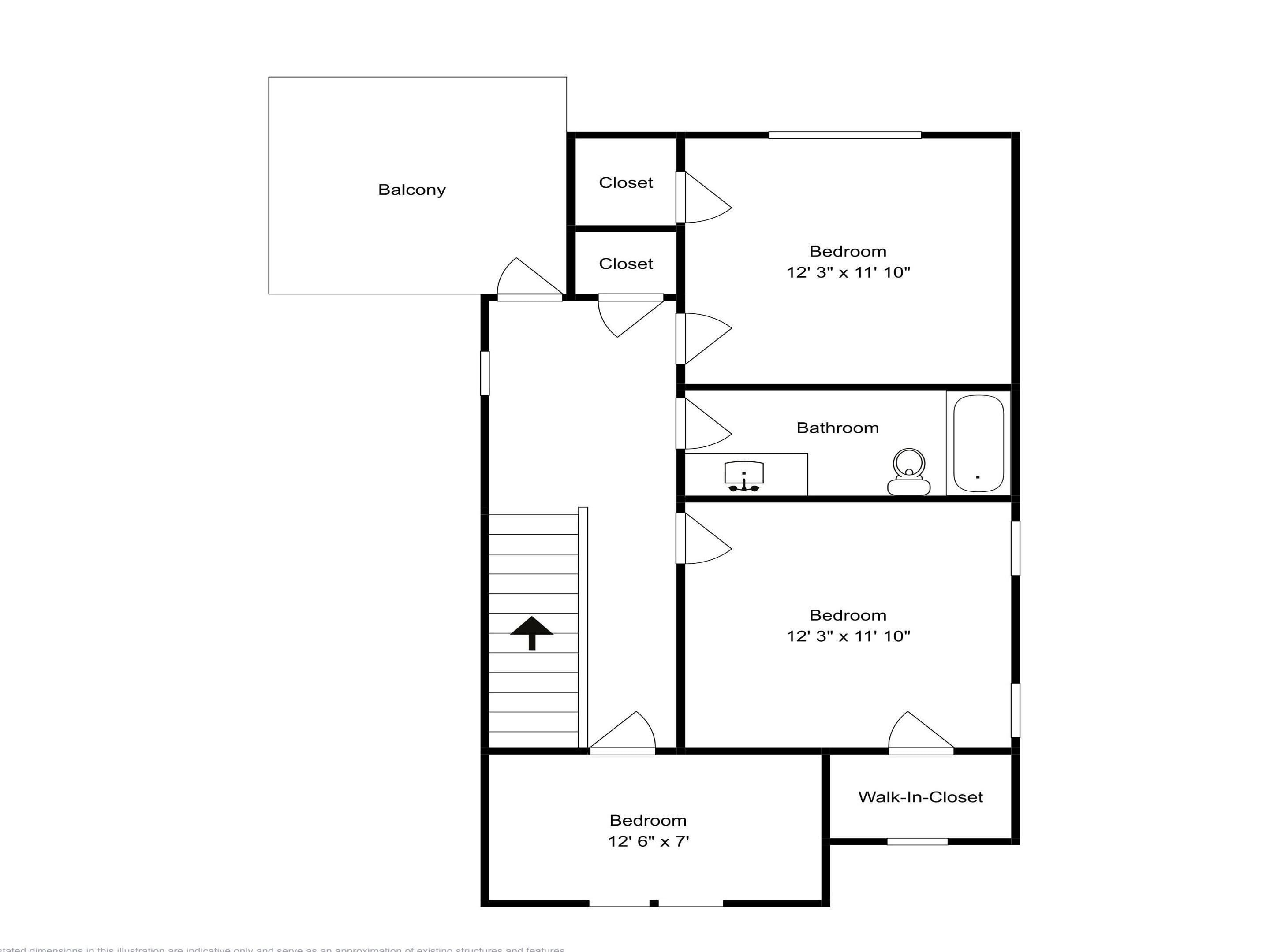 Plànol d'una planta amb un balcó, dues habitacions, un bany i un vestidor.