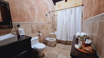 Shower, towels, soap, shampoo