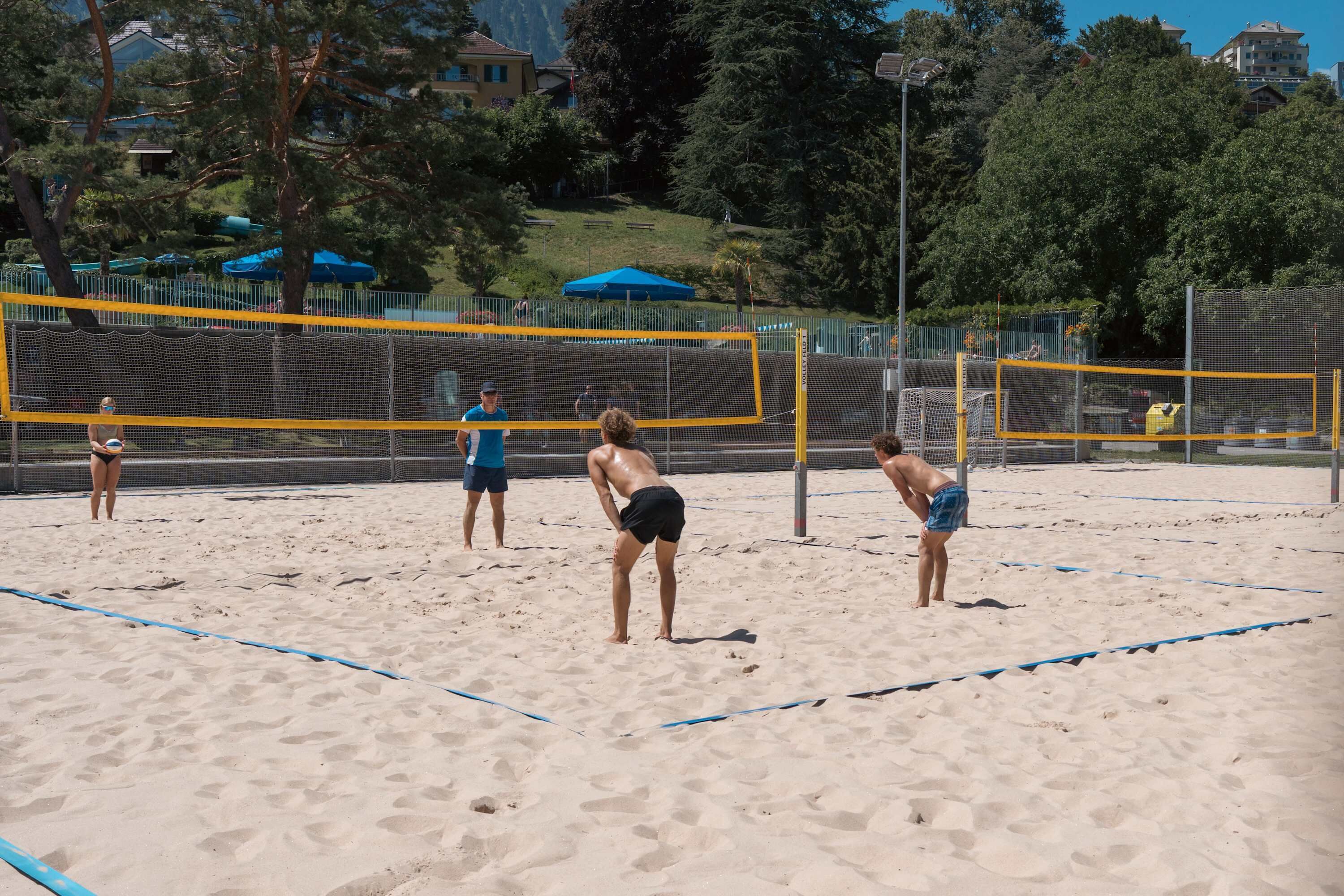 Un terrain de beach-volley avec un filet, du sable et des arbres en arrière-plan.