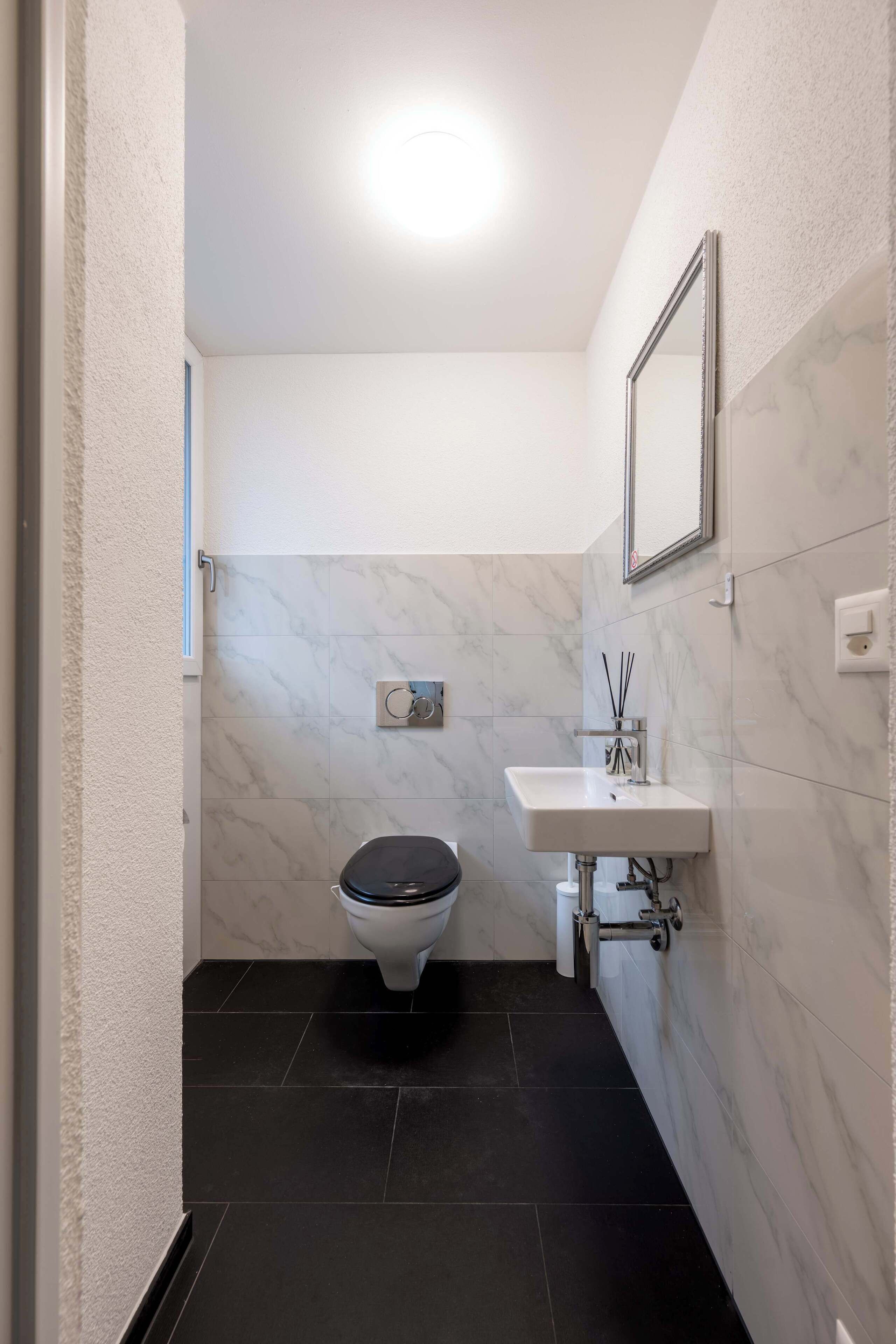 Een kleine badkamer met toilet, wastafel en spiegel.