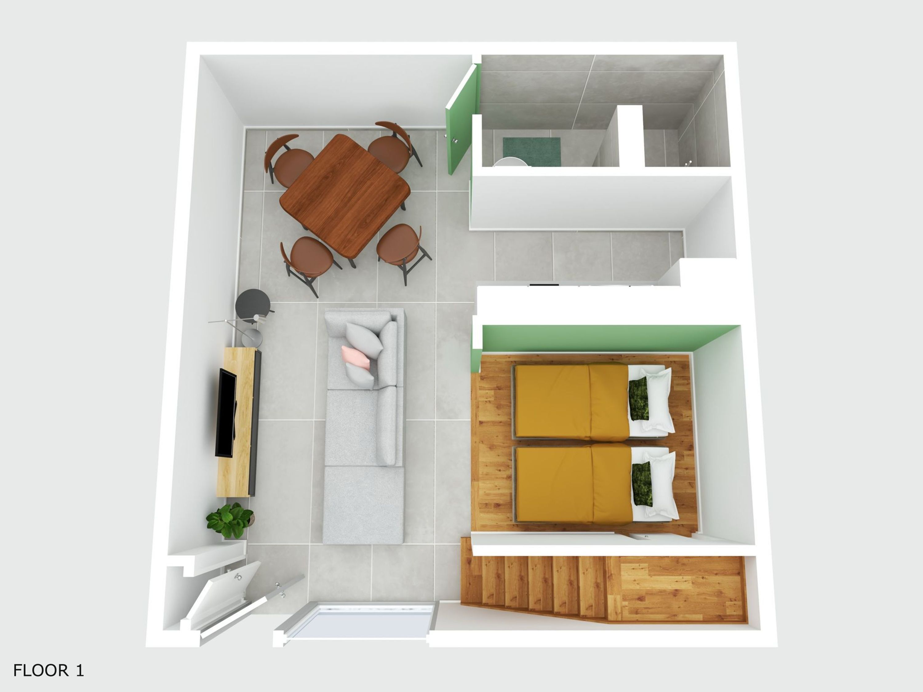 A 2-bedroom apartment layout with a dining area, a sofa, a bed, and a bathroom.
